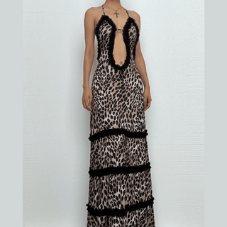 Halter deep v neck leopard print ruffle maxi dress