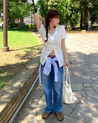 Collarless tie blouse