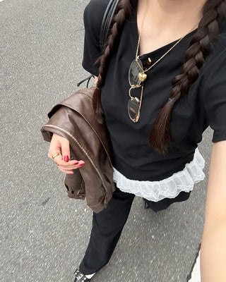 Lace Shirring Half-Sleeve T-Shirt