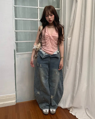 Halter neck shirred sleeveless top