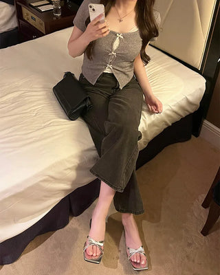 Lace Ribbon Slim Fit Half Sleeve T-Shirt