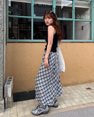 Checked banded long skirt