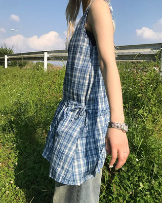 Checkered frill ribbon dress