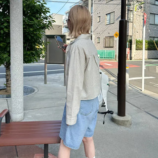 Striped long-sleeved cropped shirt