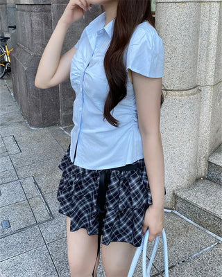 Front shirred short-sleeved shirt