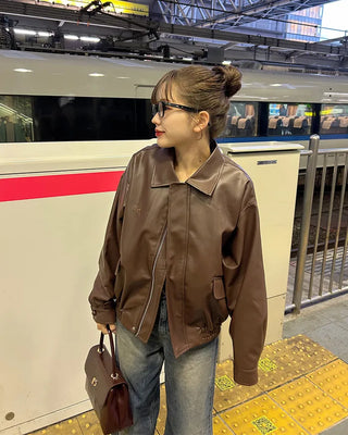 Oversized Collar Faux Leather Jacket