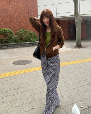 Checked drawstring long skirt