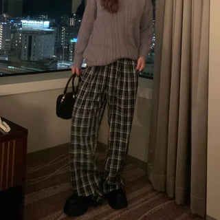 Checked wide banding pants