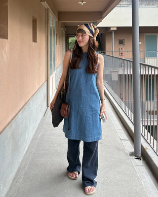 Round neck denim midi dress