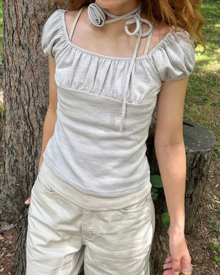 Rose Tie Set Puff Sleeve Gathered Rib Top
