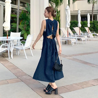 Back Shirred Open Denim Dress