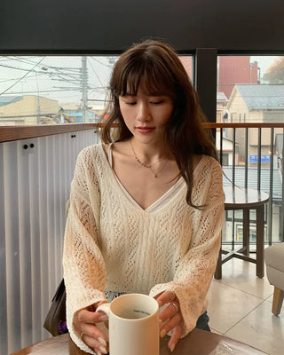 V-neck perforated knit