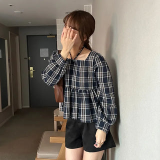 2-way check peplum blouse