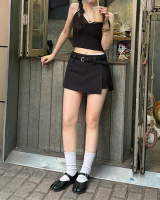 Belted slit mini skirt