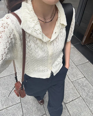 Perforated knit polo cardigan