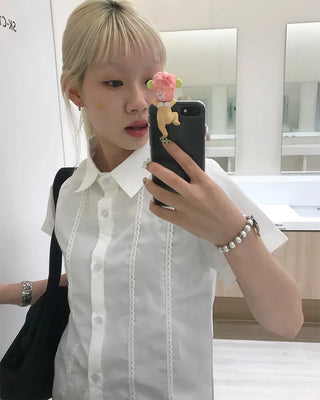 Lace-detail short-sleeved blouse
