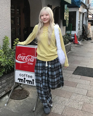 Checked wide-leg pants with string waistband