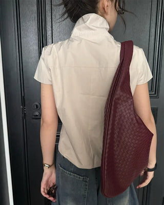 Cap-sleeve button-up high-neck blouse