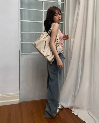 Washed distressed wide-leg denim pants