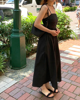 Side-tucked flared long dress