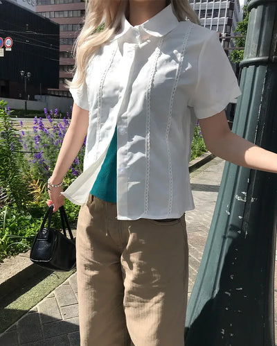 Lace-detail short-sleeved blouse