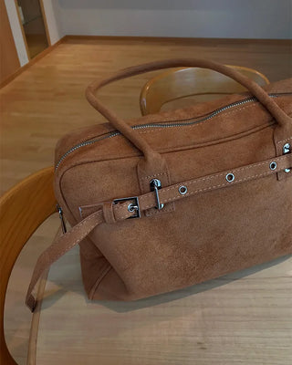 Suede belt buckle shoulder bag