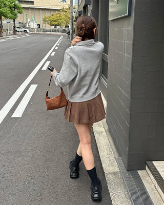 Belted corduroy pleated mini skirt