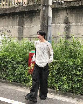 Striped button-up long-sleeved T-shirt