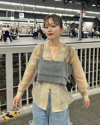 See-through balloon button blouse