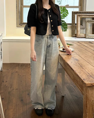 Heart gold button short-sleeved tweed jacket
