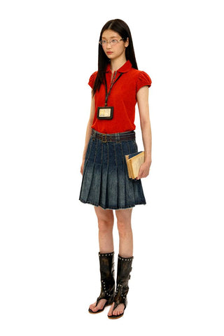 [Moromoro2] Contrast Stitch Belt Denim Pleated  Skirt