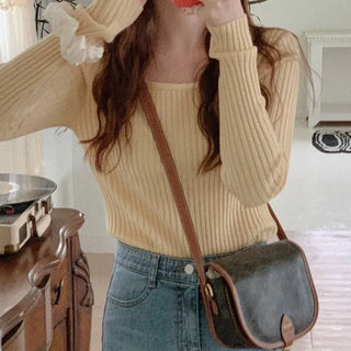 (5 colors) Ribbed Square Neck Knit Top