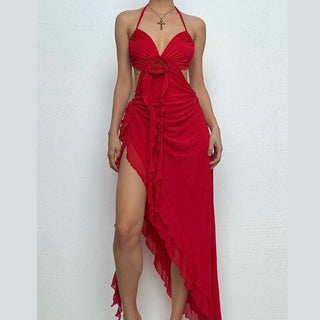 Halter flower applique ruffle backless slit maxi dress