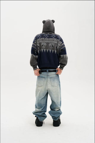[MASONPRINCE] Funny Bear Fleece Lined Hooded Knit