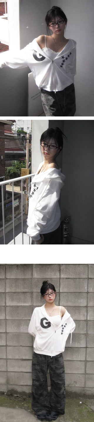 Loose-fit Star Hooded Zip-Up - 4 Colors