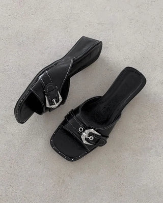 Wedge mules with buckles