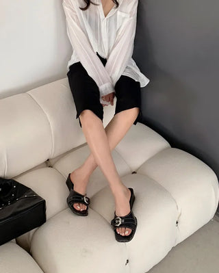 Wedge mules with buckles