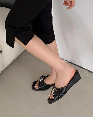 Wedge mules with buckles