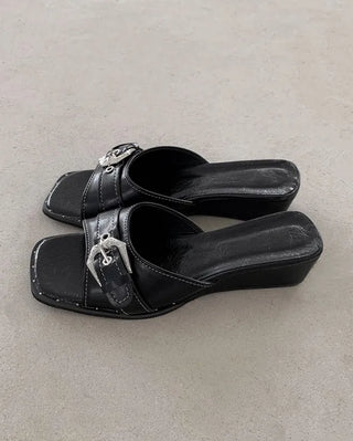 Wedge mules with buckles