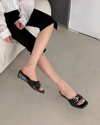 Wedge mules with buckles