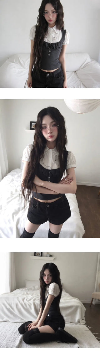 Rouge Puff Short Sleeve Vest Blouse Set - 3 Colors