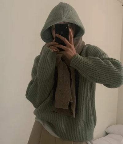 [SET] Openwork Knit Balaclava with Hood Set