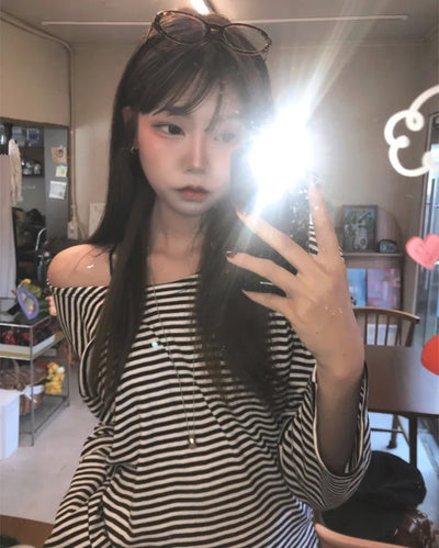 STRIPE LOOSE OFF SHOULDER TEE (3color)