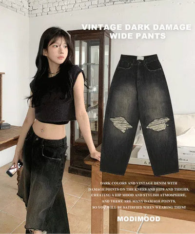 KARINA Front and back damage Faded unique black Black Denim pants