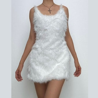 U neck fluffy zip-up backless cami mini dress