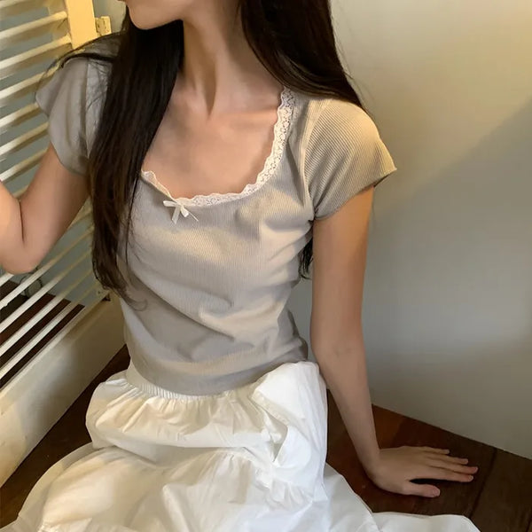 Lace Ribbon Short-Sleeved T-Shirt
