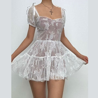 Short puff sleeve bowknot lace ruffle mini dress