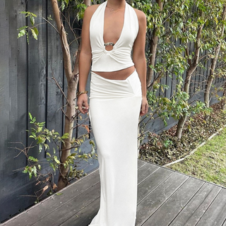 Halter v neck o ring ruched maxi skirt set