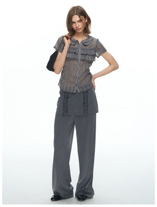 [NECY] Pin Stripe Ruffle Lace Skirt Pants