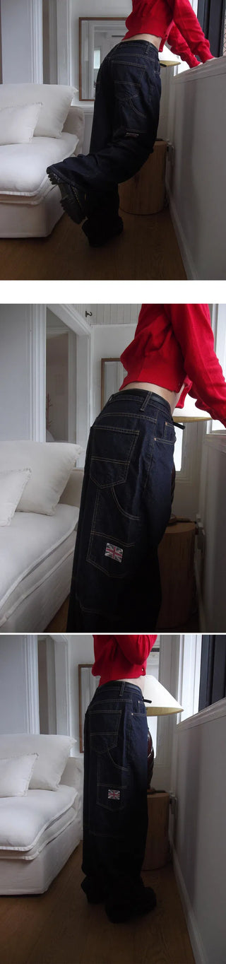 Patch wide Raw denim wide pants